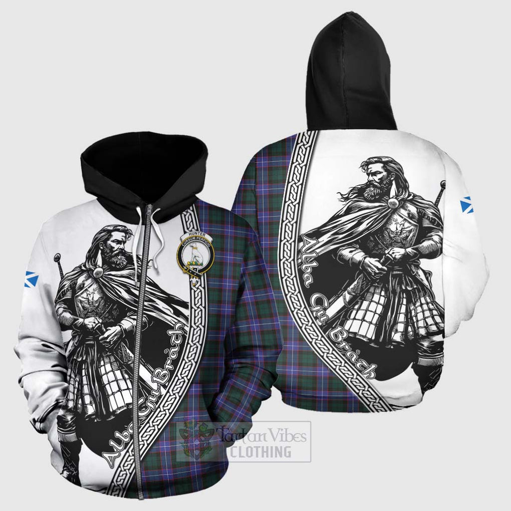 Tartan Vibes Clothing Hunter (Hunterston) Tartan Clan Crest Hoodie with Highlander Warrior Celtic Style