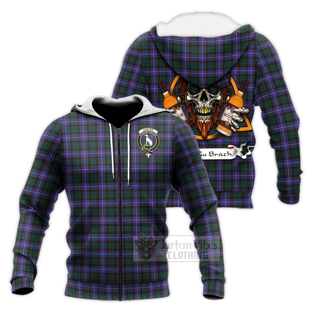 Tartan Vibes Clothing Hunter (Hunterston) Tartan Knitted Hoodie with Family Crest and Bearded Skull Holding Bottles of Whiskey