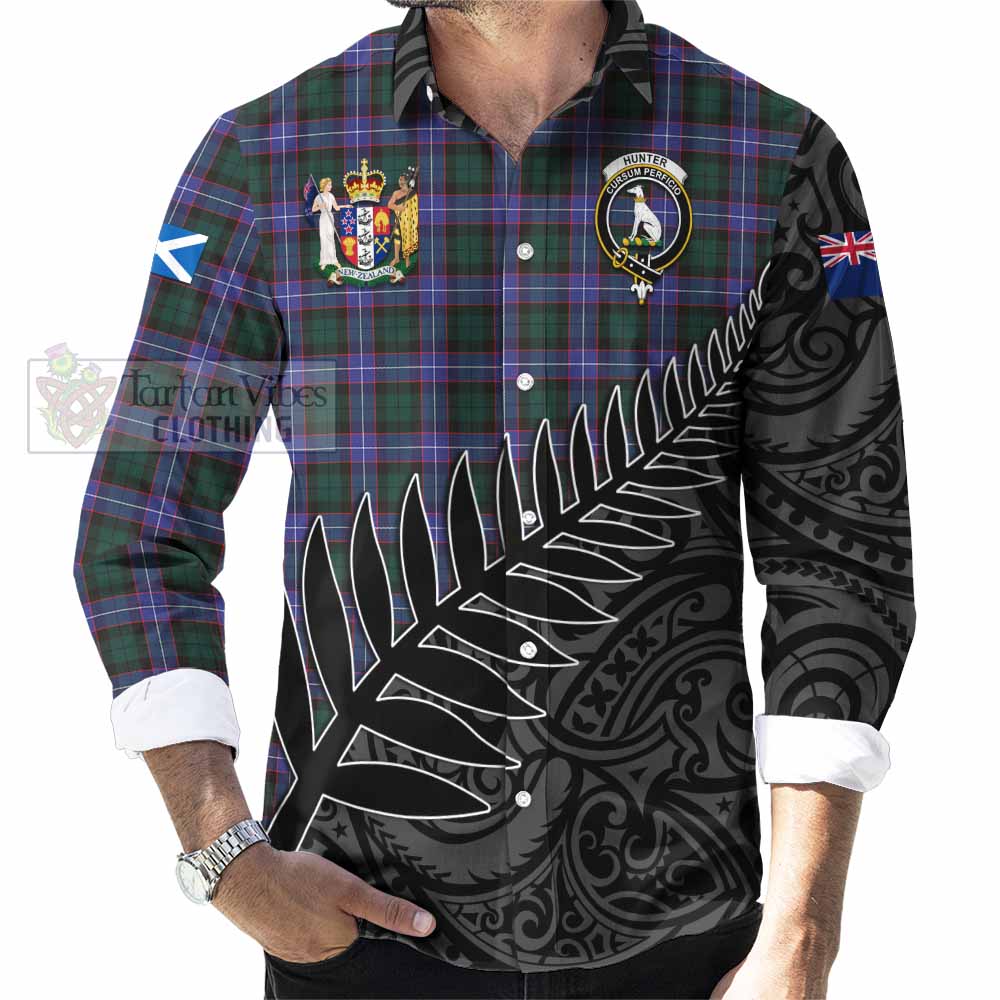 Tartan Vibes Clothing Hunter (Hunterston) Crest Tartan Long Sleeve Button Shirt with New Zealand Silver Fern Half Style