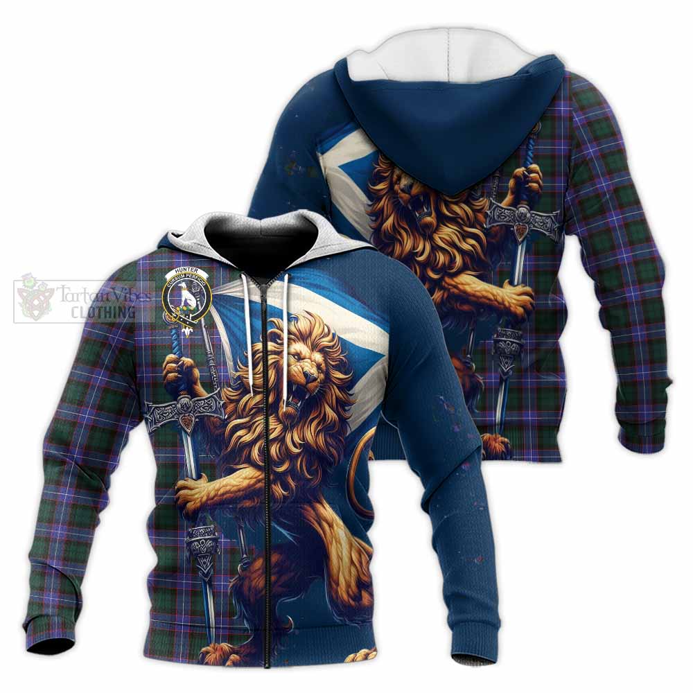 Tartan Vibes Clothing Hunter (Hunterston) Tartan Family Crest Knitted Hoodie with Scottish Majestic Lion