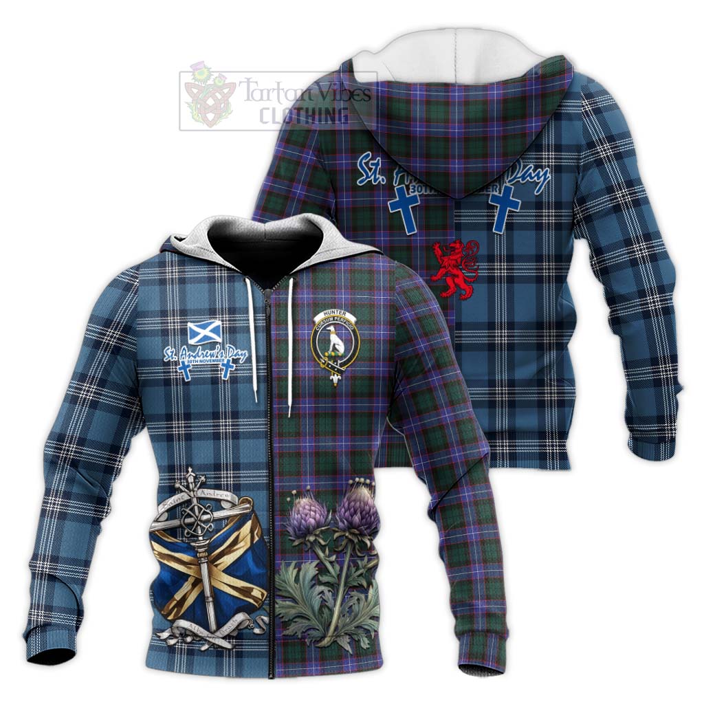 Tartan Vibes Clothing Hunter (Hunterston) Tartan Knitted Hoodie Happy St. Andrew's Day Half Tartan Style