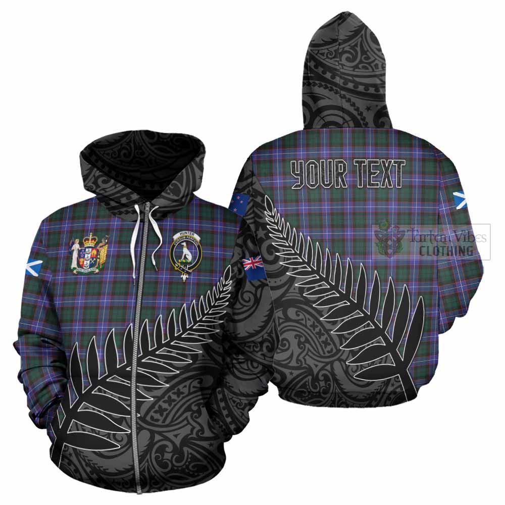 Tartan Vibes Clothing Hunter (Hunterston) Crest Tartan Hoodie with New Zealand Silver Fern Half Style