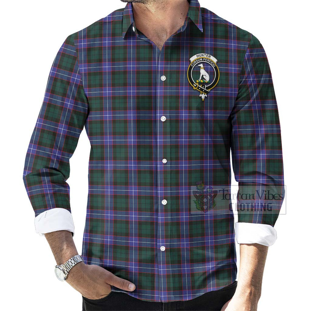 Tartan Vibes Clothing Hunter (Hunterston) Tartan Long Sleeve Button Shirt with Family Crest and Bearded Skull Holding Bottles of Whiskey