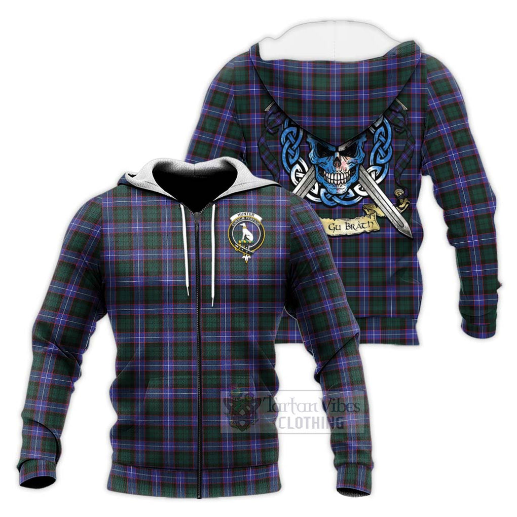 Tartan Vibes Clothing Hunter (Hunterston) Tartan Knitted Hoodie with Family Crest Celtic Skull Style