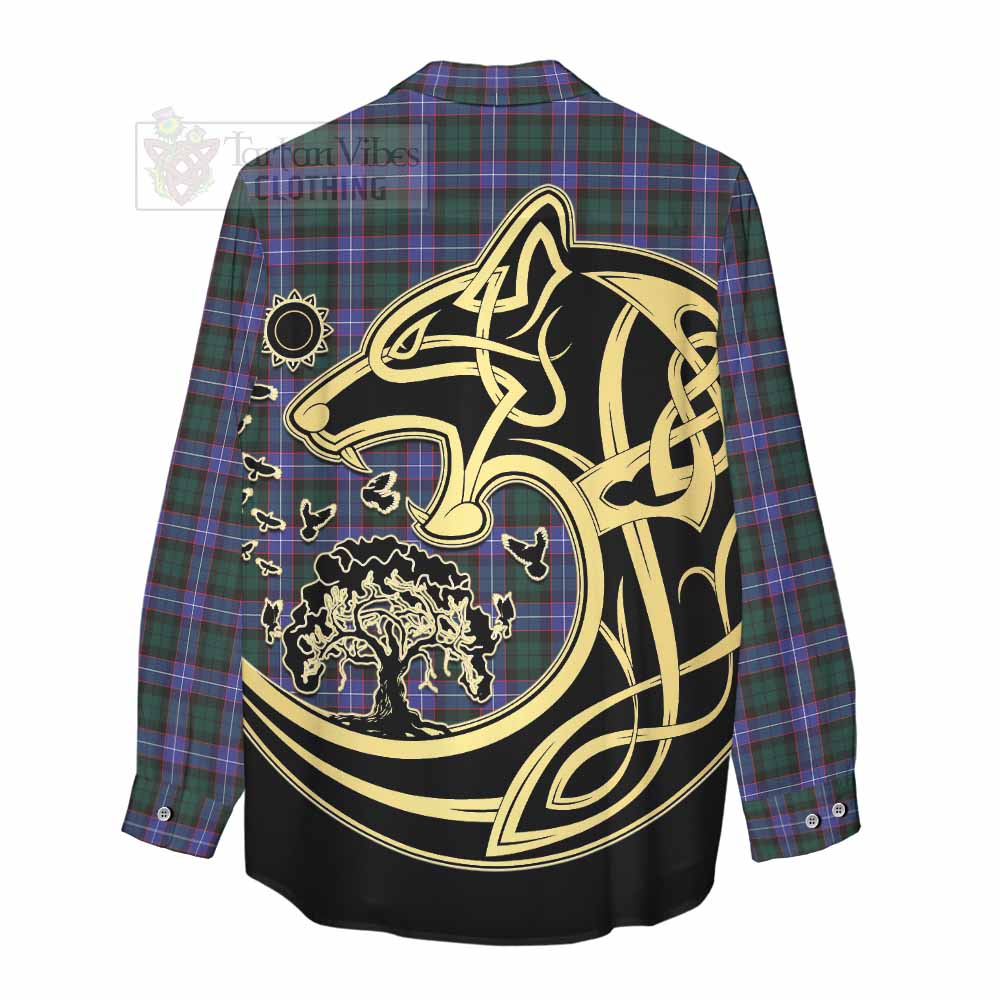 Tartan Vibes Clothing Hunter (Hunterston) Tartan Women's Casual Shirt with Family Crest Celtic Wolf Style