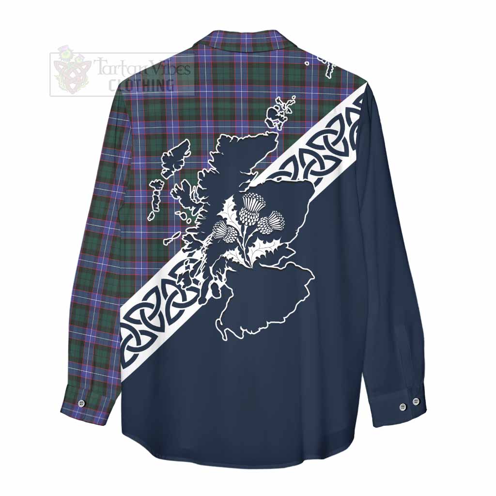 Tartan Vibes Clothing Hunter (Hunterston) Tartan Women's Casual Shirt Featuring Thistle and Scotland Map