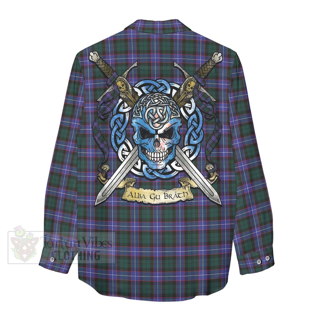 Tartan Vibes Clothing Hunter (Hunterston) Tartan Women's Casual Shirt with Family Crest Celtic Skull Style