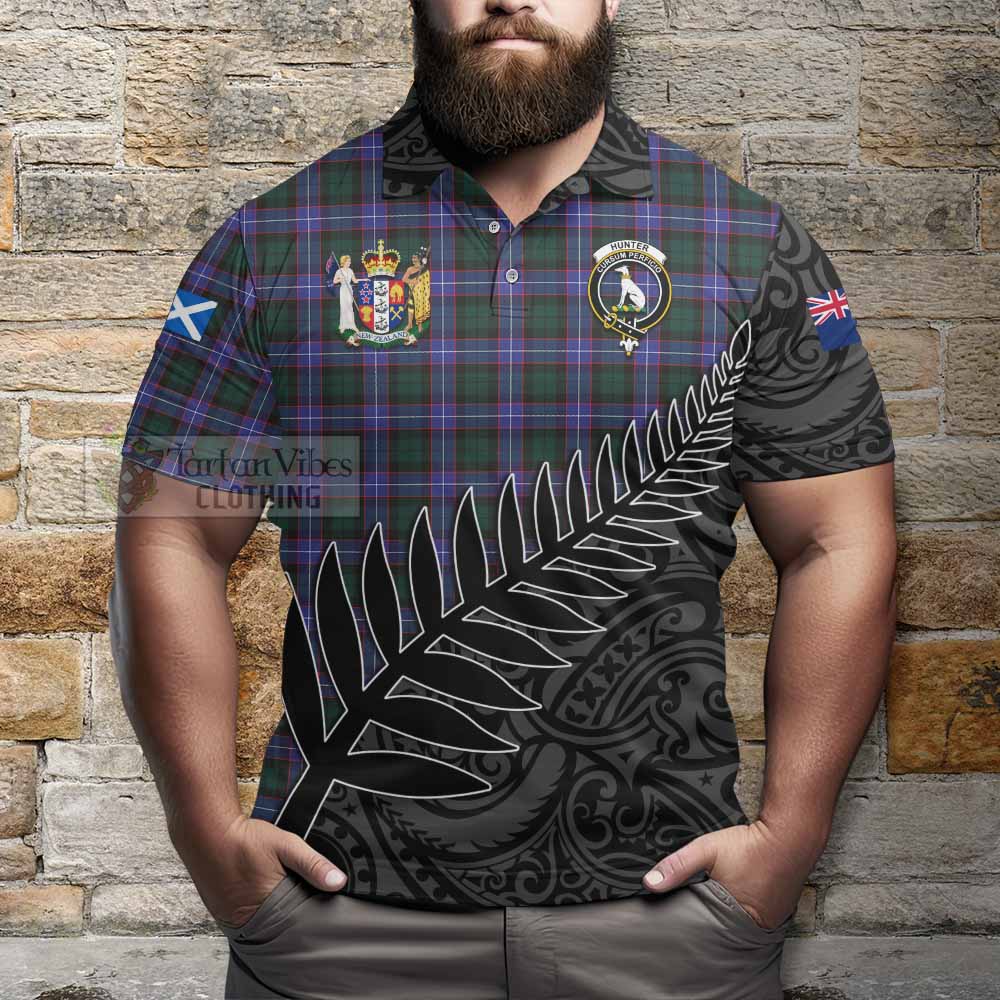 Tartan Vibes Clothing Hunter (Hunterston) Crest Tartan Polo Shirt with New Zealand Silver Fern Half Style