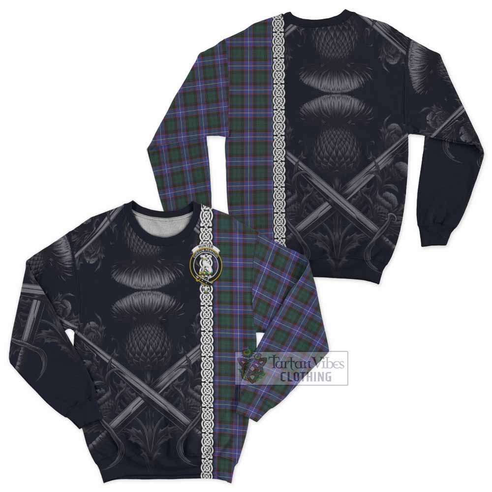 Tartan Vibes Clothing Hunter (Hunterston) Tartan Sweatshirt with Family Crest Cross Sword Thistle Celtic Vibes