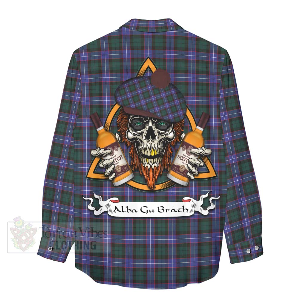 Tartan Vibes Clothing Hunter (Hunterston) Tartan Women's Casual Shirt with Family Crest and Bearded Skull Holding Bottles of Whiskey