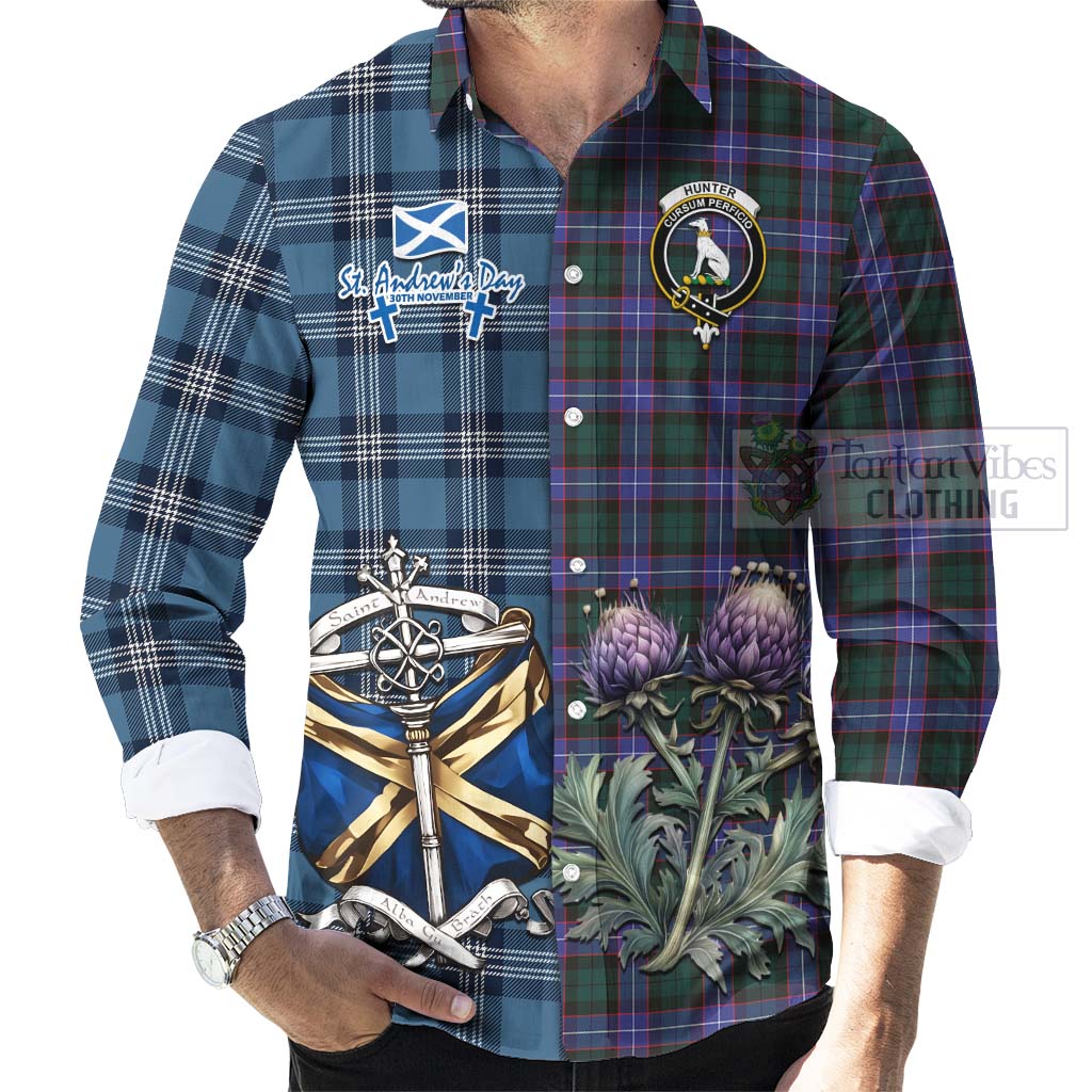 Tartan Vibes Clothing Hunter (Hunterston) Tartan Long Sleeve Button Shirt Happy St. Andrew's Day Half Tartan Style