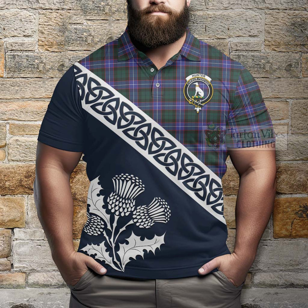 Hunter (Hunterston) Tartan Polo Shirt Featuring Thistle and Scotland Map