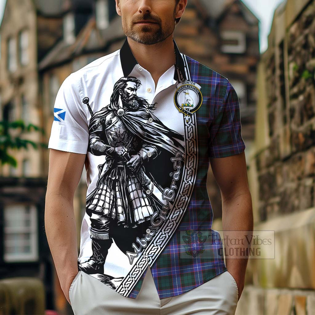 Tartan Vibes Clothing Hunter (Hunterston) Tartan Clan Crest Short Sleeve Button Shirt with Highlander Warrior Celtic Style