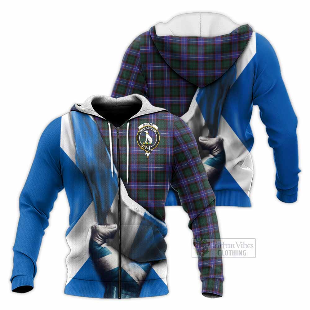 Tartan Vibes Clothing Hunter (Hunterston) Tartan Knitted Hoodie with Family Crest Scotland Patriotic Style