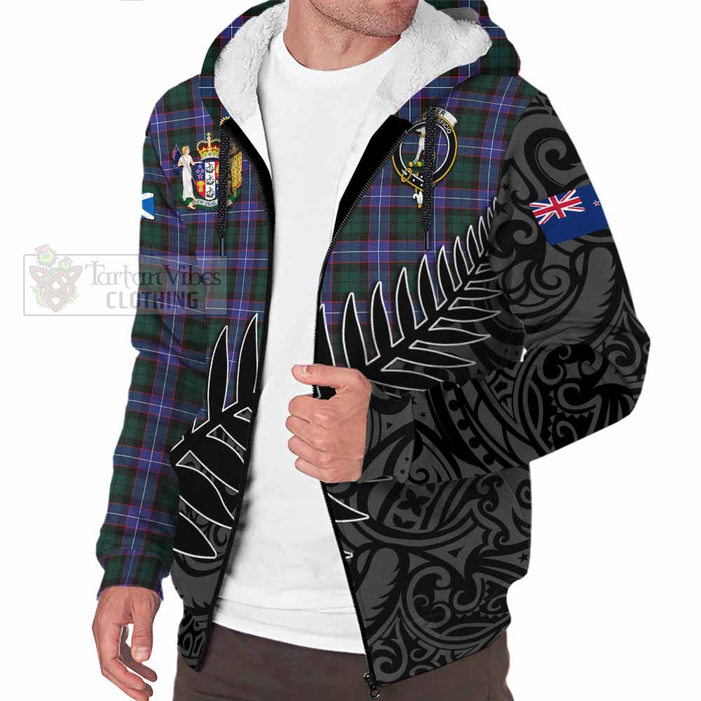 Tartan Vibes Clothing Hunter (Hunterston) Crest Tartan Sherpa Hoodie with New Zealand Silver Fern Half Style