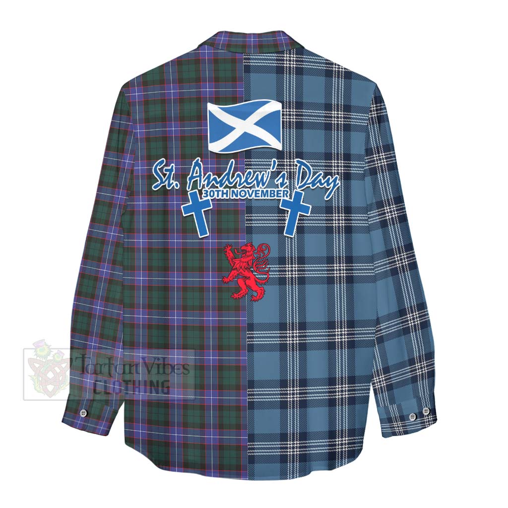 Tartan Vibes Clothing Hunter (Hunterston) Tartan Women's Casual Shirt Happy St. Andrew's Day Half Tartan Style