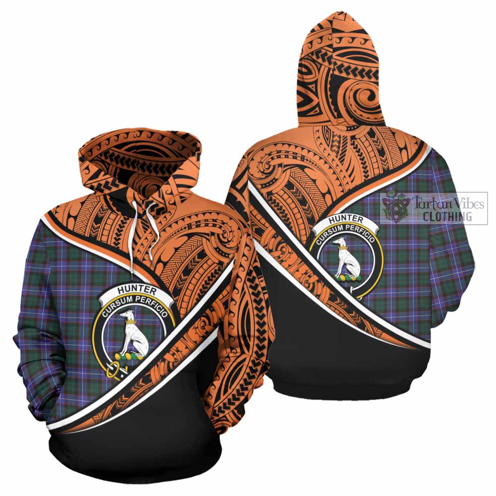 Tartan Vibes Clothing Hunter (Hunterston) Crest Tartan Hoodie with Maori Tattoo Style - Orange Version