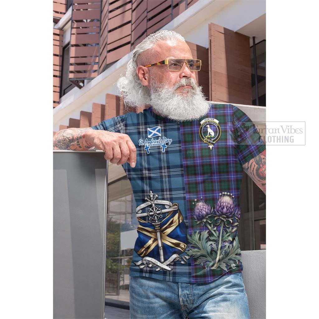 Tartan Vibes Clothing Hunter (Hunterston) Tartan Cotton T-shirt Happy St. Andrew's Day Half Tartan Style