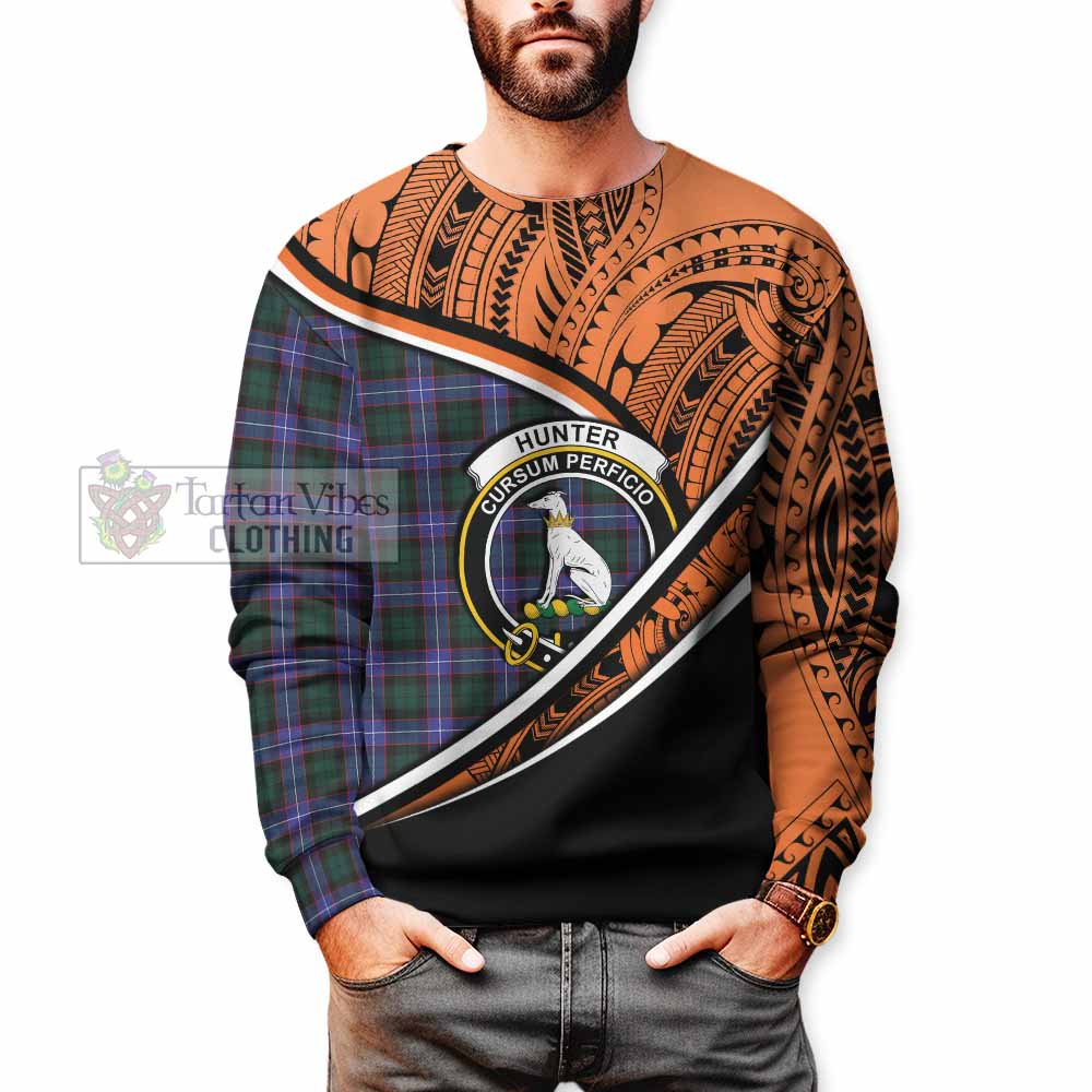 Tartan Vibes Clothing Hunter (Hunterston) Crest Tartan Sweatshirt with Maori Tattoo Style - Orange Version