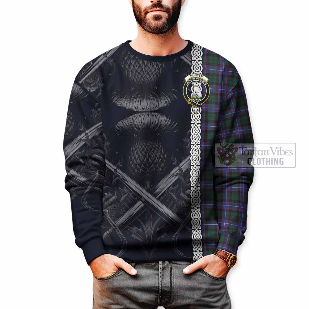 Tartan Vibes Clothing Hunter (Hunterston) Tartan Sweatshirt with Family Crest Cross Sword Thistle Celtic Vibes