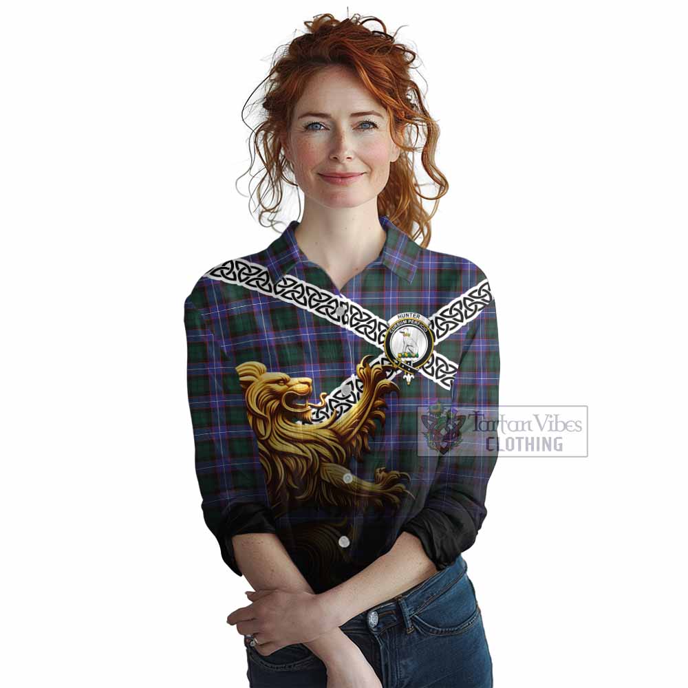 Hunter (Hunterston) Crest Tartan Women's Casual Shirt with Golden Lion Emblem Celtic Style - Tartan Vibes Clothing