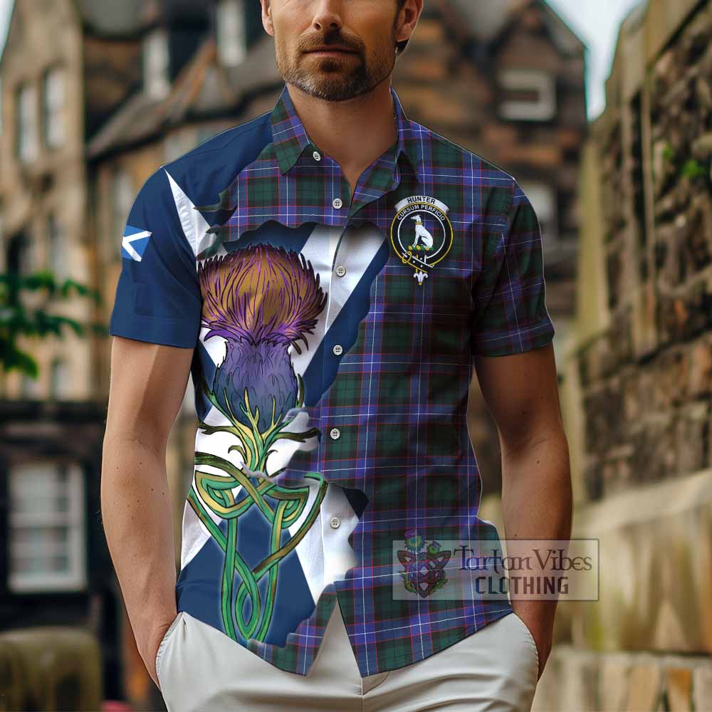 Hunter (Hunterston) Tartan Family Crest Hawaiian Shirt Scottish Thistle Celtic Inspired - Tartan Vibes Clothing