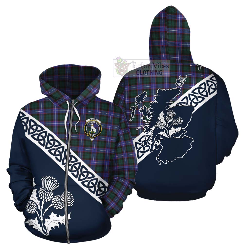 Tartan Vibes Clothing Hunter (Hunterston) Tartan Cotton Hoodie Featuring Thistle and Scotland Map