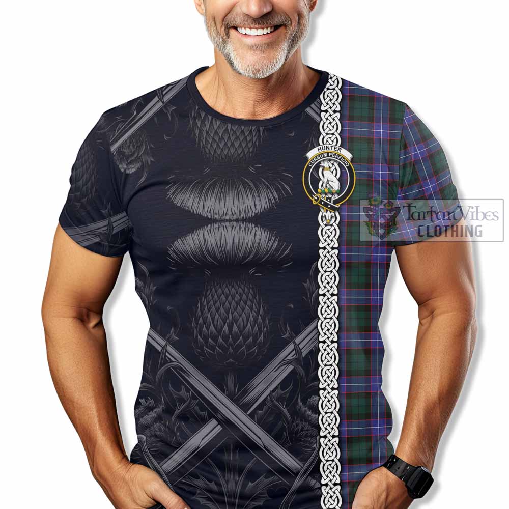 Tartan Vibes Clothing Hunter (Hunterston) Tartan T-Shirt with Family Crest Cross Sword Thistle Celtic Vibes