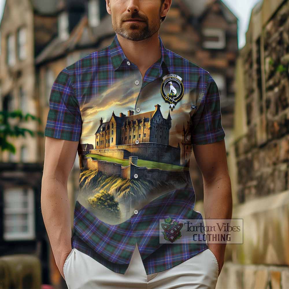 Hunter (Hunterston) Tartan Family Crest Hawaiian Shirt with Scottish Ancient Castle Style - Tartan Vibes Clothing
