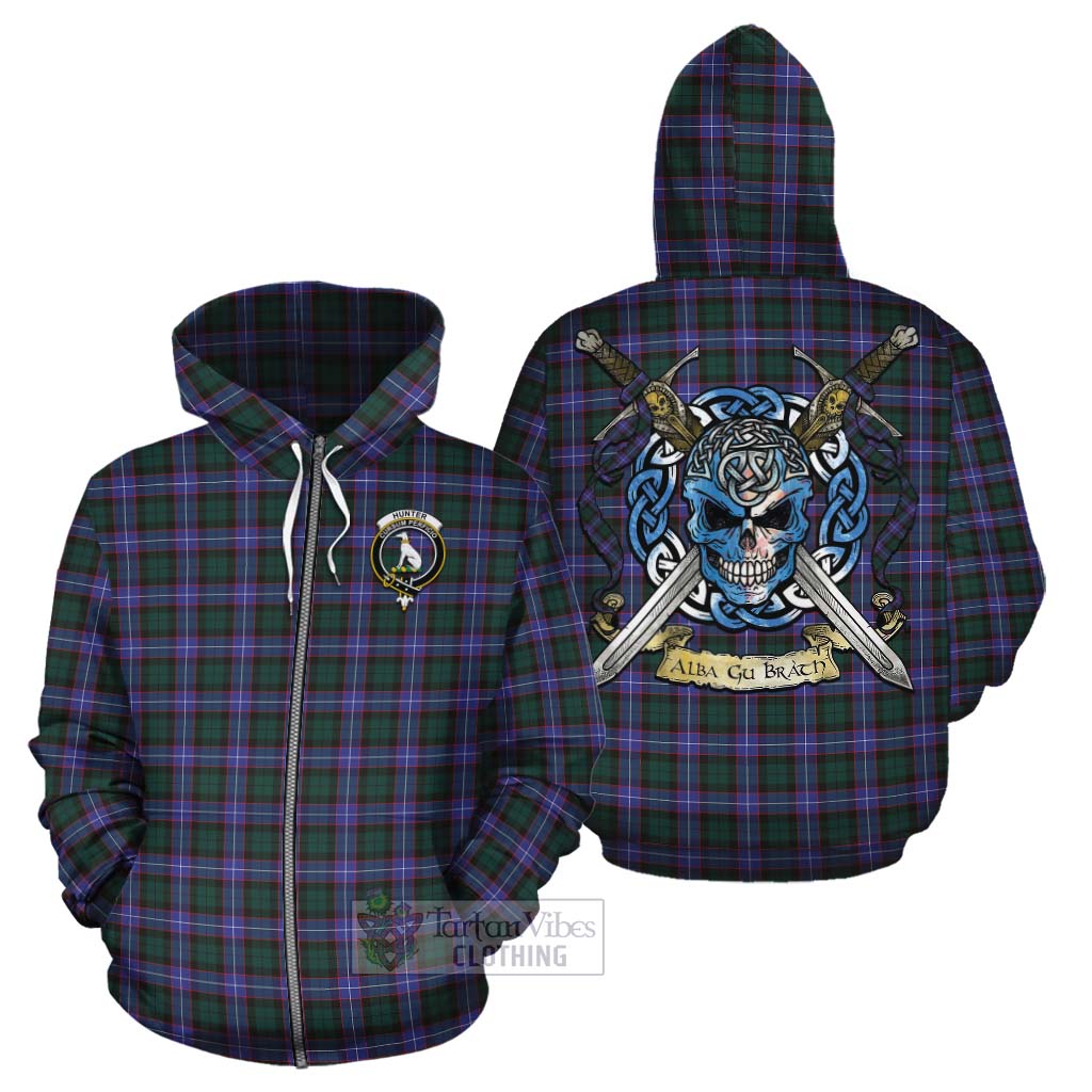 Tartan Vibes Clothing Hunter (Hunterston) Tartan Cotton Hoodie with Family Crest Celtic Skull Style