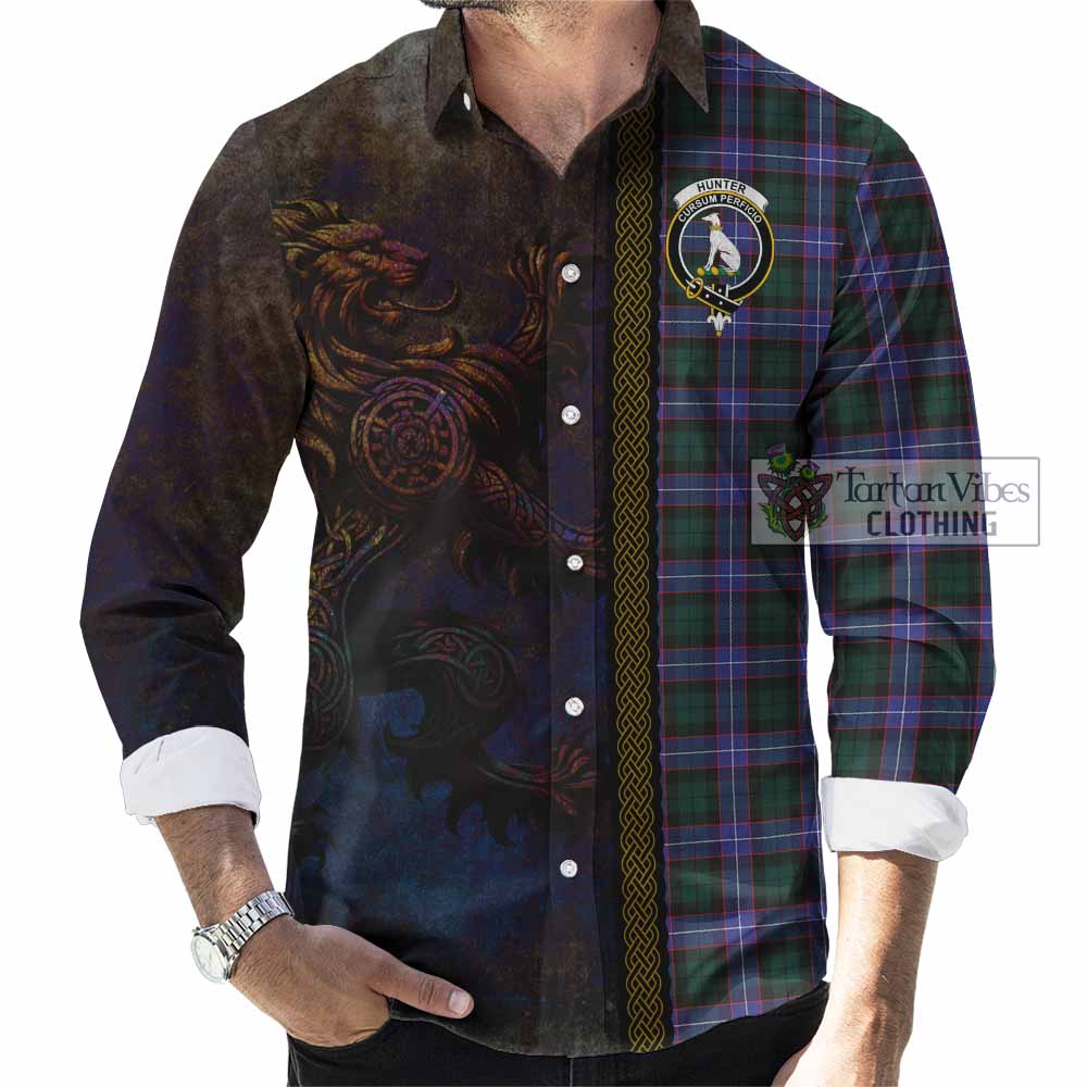 Hunter (Hunterston) Tartan Family Crest Long Sleeve Button Shirt Alba Gu Brath Be Brave Lion Ancient Style - Tartan Vibes Clothing