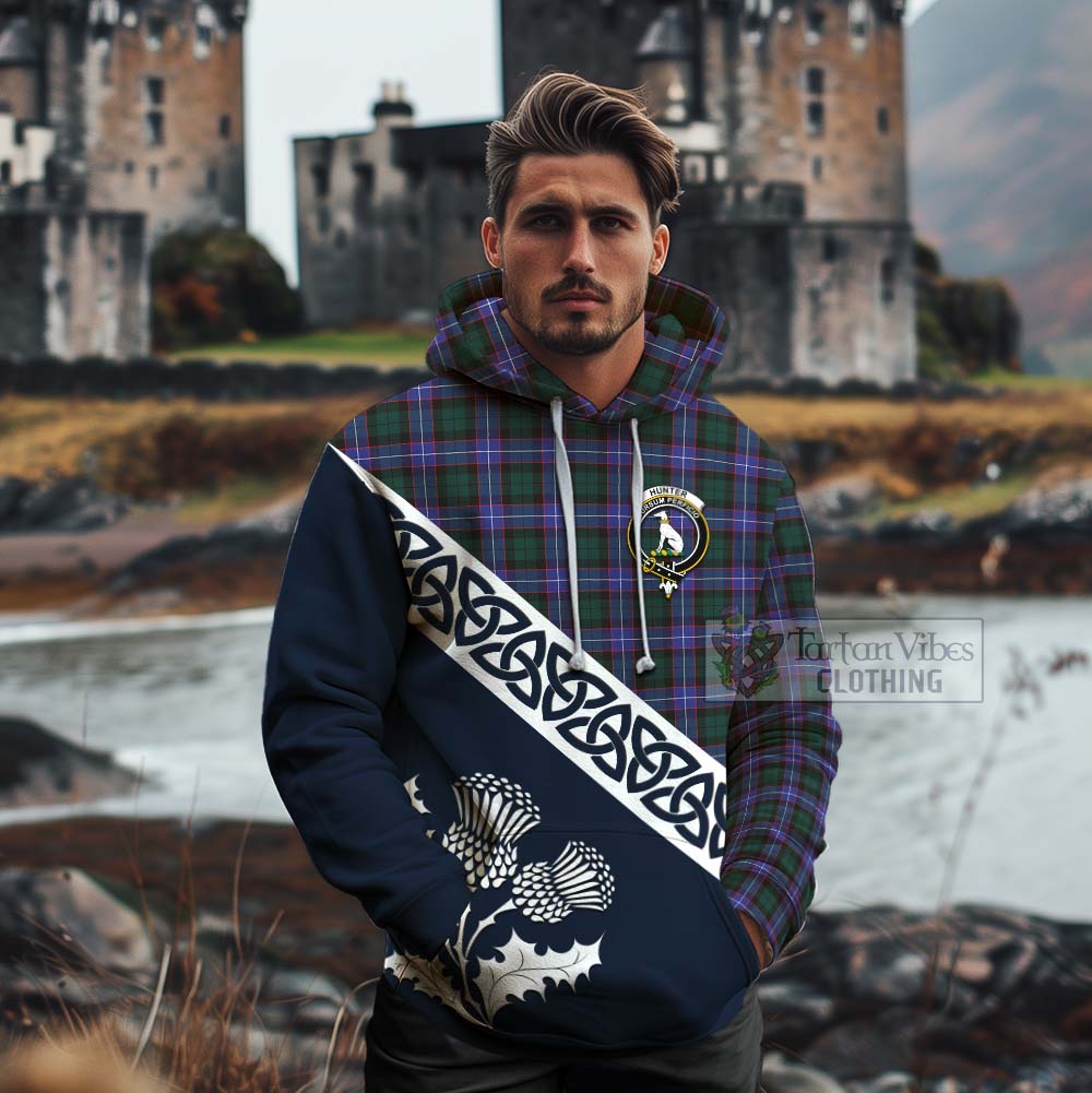 Tartan Vibes Clothing Hunter (Hunterston) Tartan Cotton Hoodie Featuring Thistle and Scotland Map