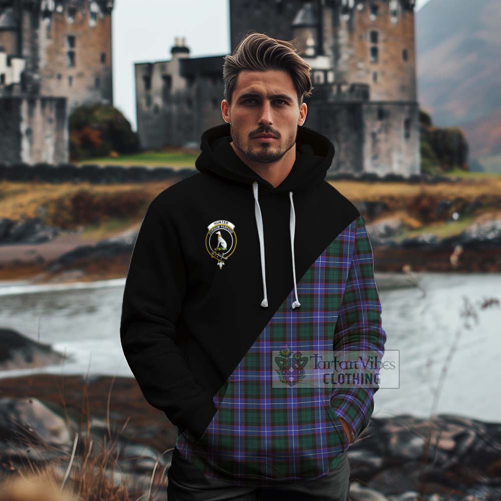 Tartan Vibes Clothing Hunter (Hunterston) Tartan Cotton Hoodie with Family Crest and Military Logo Style