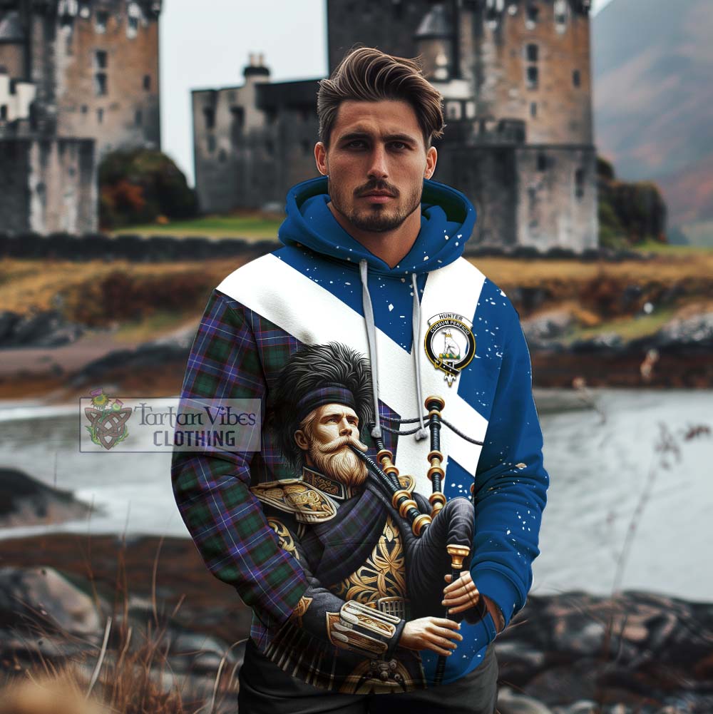 Tartan Vibes Clothing Hunter (Hunterston) Tartan Cotton Hoodie with Family Crest Scottish Bagpiper Vibes