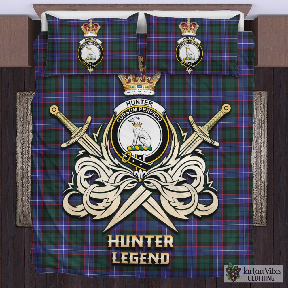 Tartan Vibes Clothing Hunter Modern Tartan Bedding Set with Clan Crest and the Golden Sword of Courageous Legacy