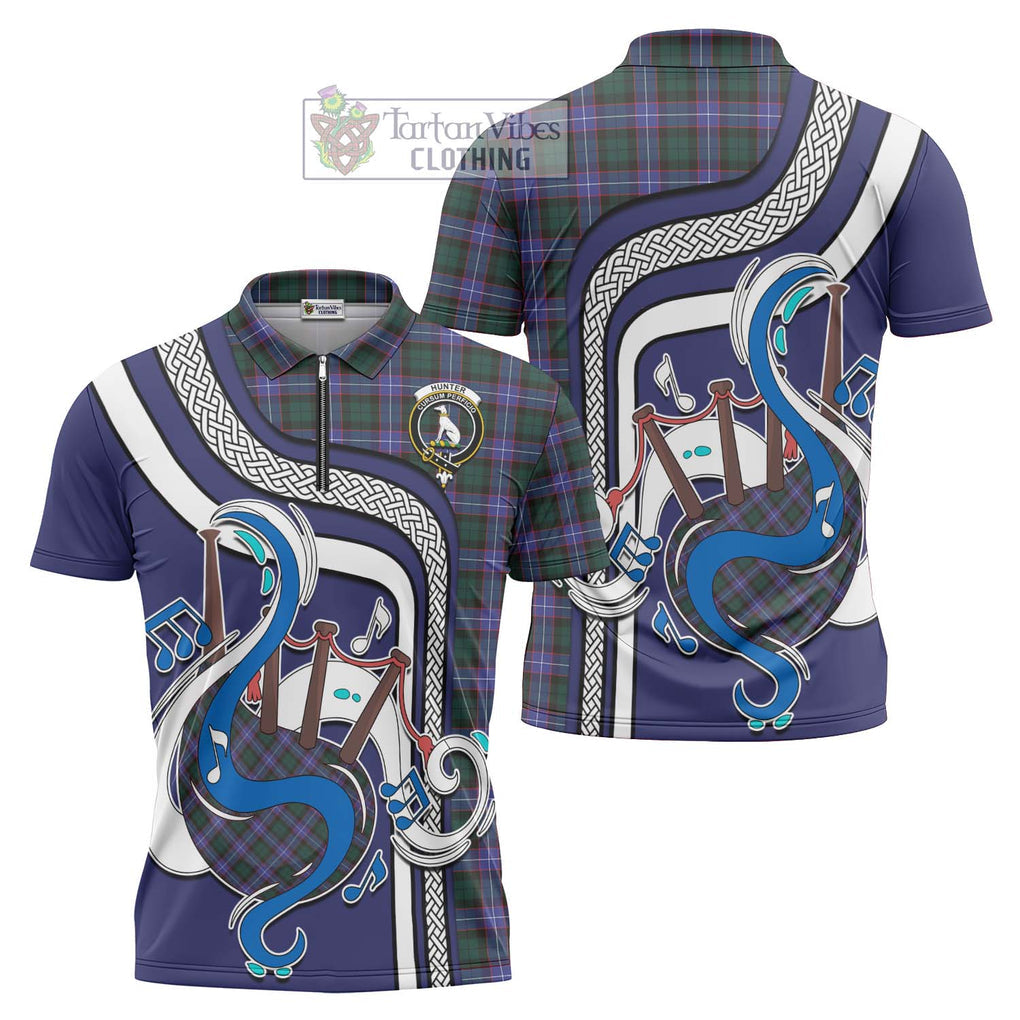 Hunter (Hunterston) Tartan Zipper Polo Shirt with Epic Bagpipe Style Unisex - Tartanvibesclothing Shop