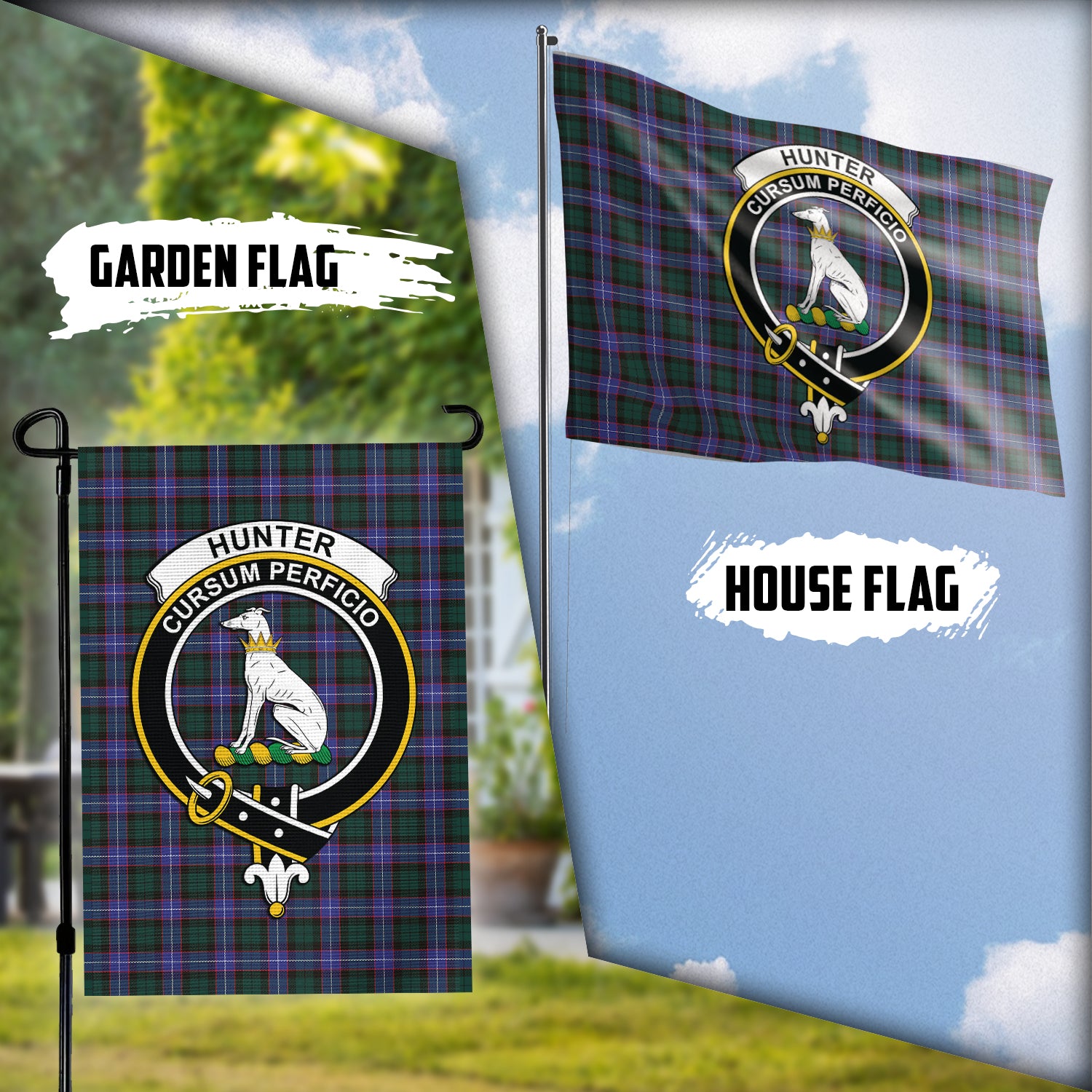 Hunter (Hunterston) Tartan Flag with Family Crest Garden Flag (Vertical) - Tartan Vibes Clothing