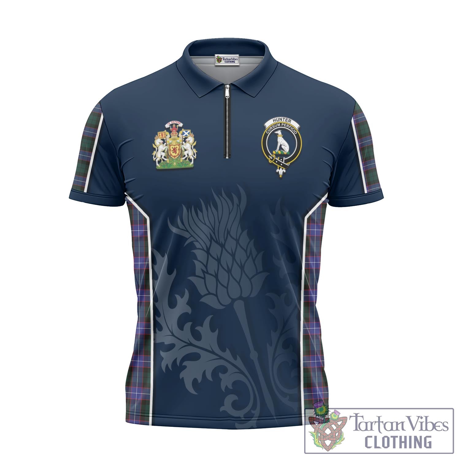 Tartan Vibes Clothing Hunter Modern Tartan Zipper Polo Shirt with Family Crest and Scottish Thistle Vibes Sport Style