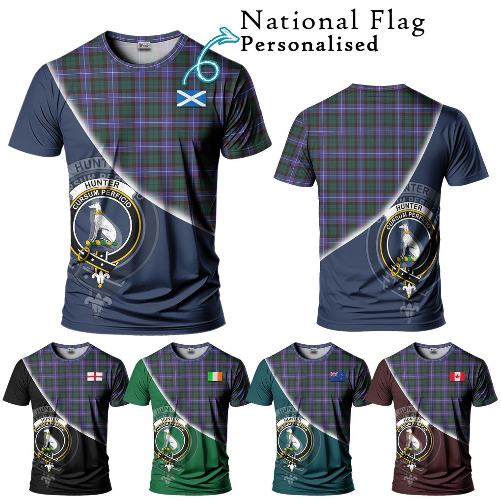 Hunter (Hunterston) Tartan T-Shirt with Personalised National Flag and Family Crest Half Style Kid's Shirt - Tartanvibesclothing Shop