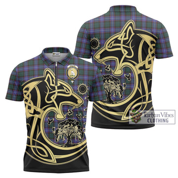 Hunter (Hunterston) Tartan Zipper Polo Shirt with Family Crest Celtic Wolf Style Unisex - Tartan Vibes Clothing