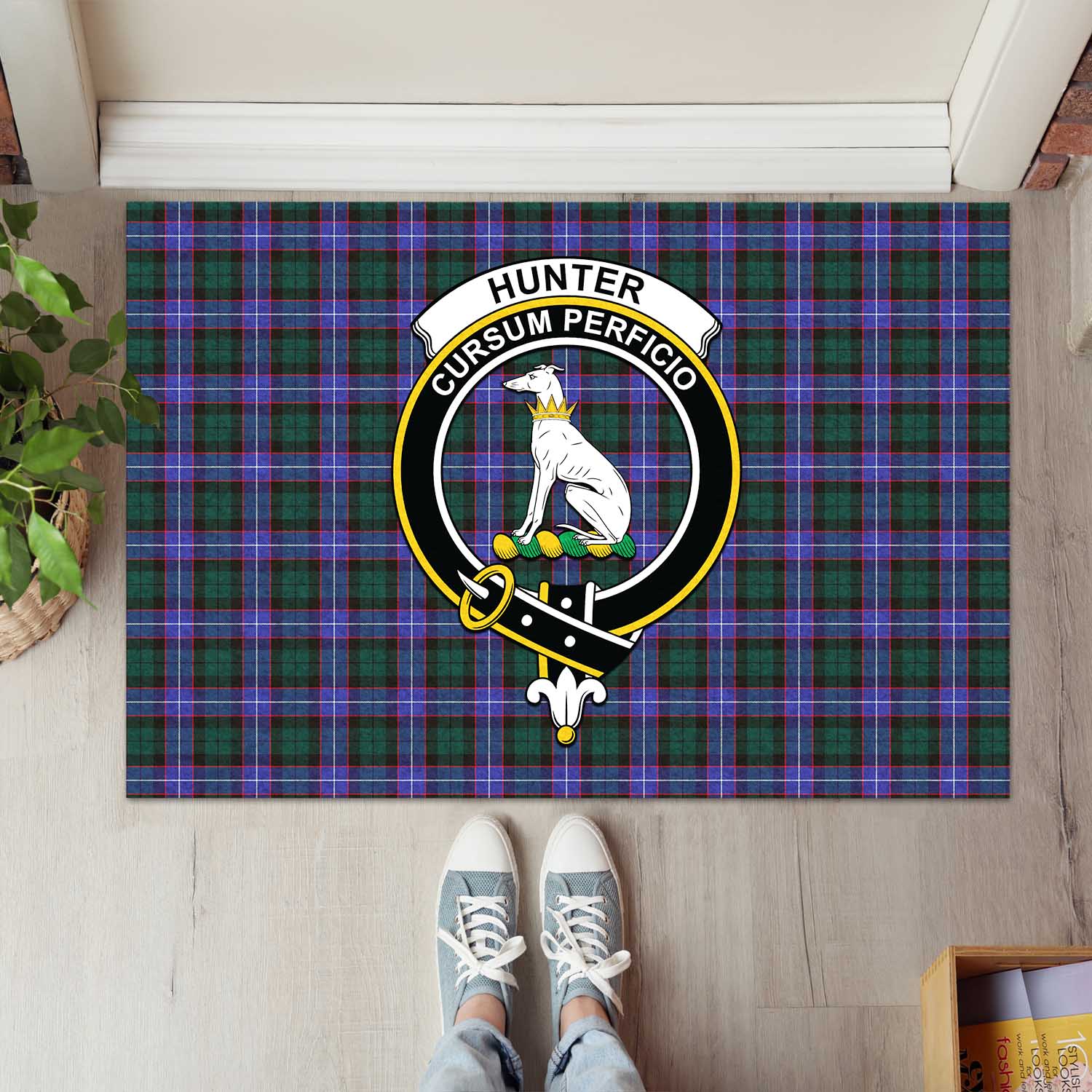 Hunter Modern Tartan Door Mat with Family Crest - Tartanvibesclothing