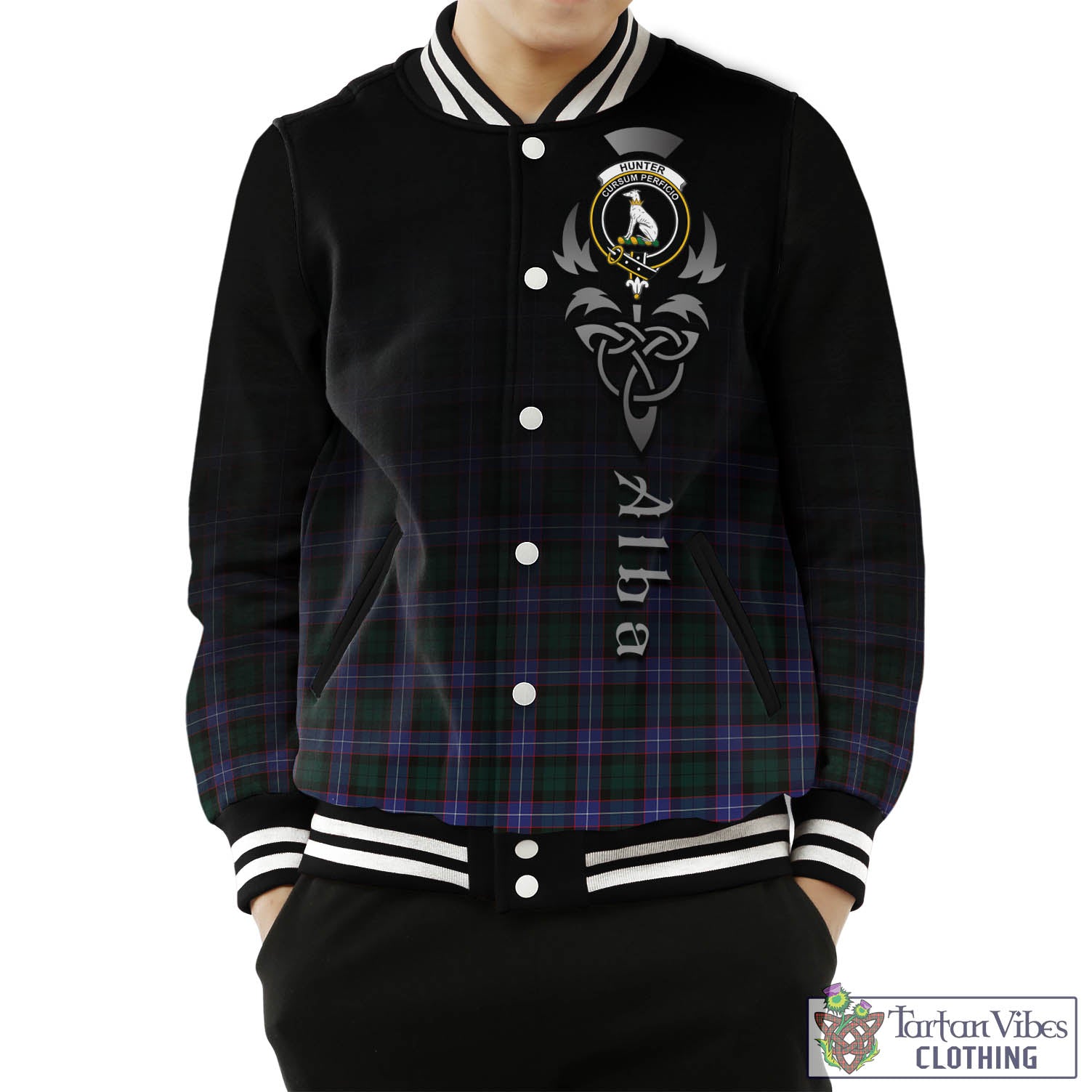 Tartan Vibes Clothing Hunter Modern Tartan Baseball Jacket Featuring Alba Gu Brath Family Crest Celtic Inspired