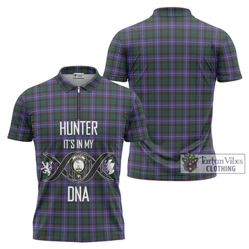Hunter (Hunterston) Tartan Zipper Polo Shirt with Family Crest DNA In Me Style Unisex - Tartan Vibes Clothing