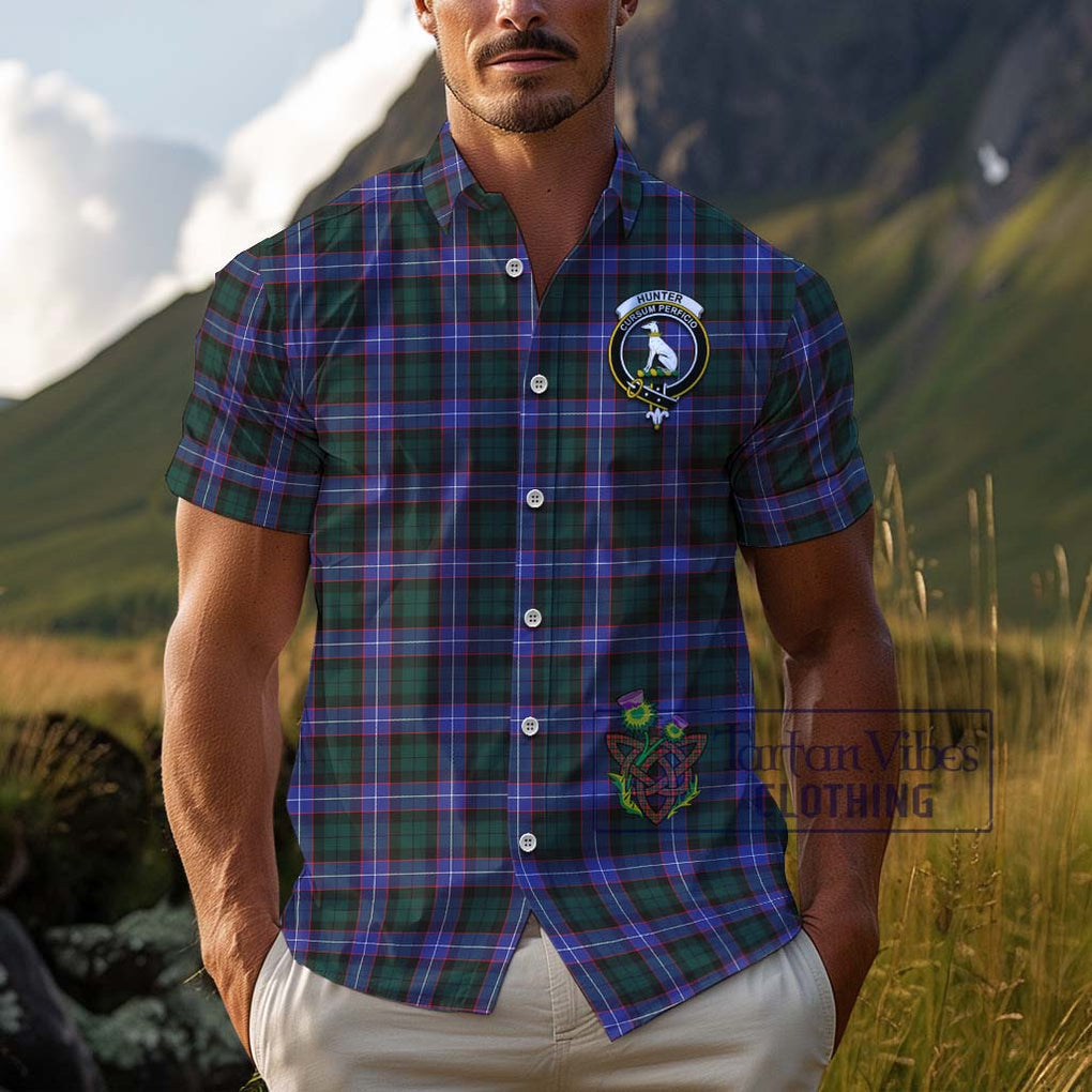 Hunter (Hunterston) Tartan Cotton Hawaiian Shirt with Family Crest Adult - Tartan Vibes Clothing