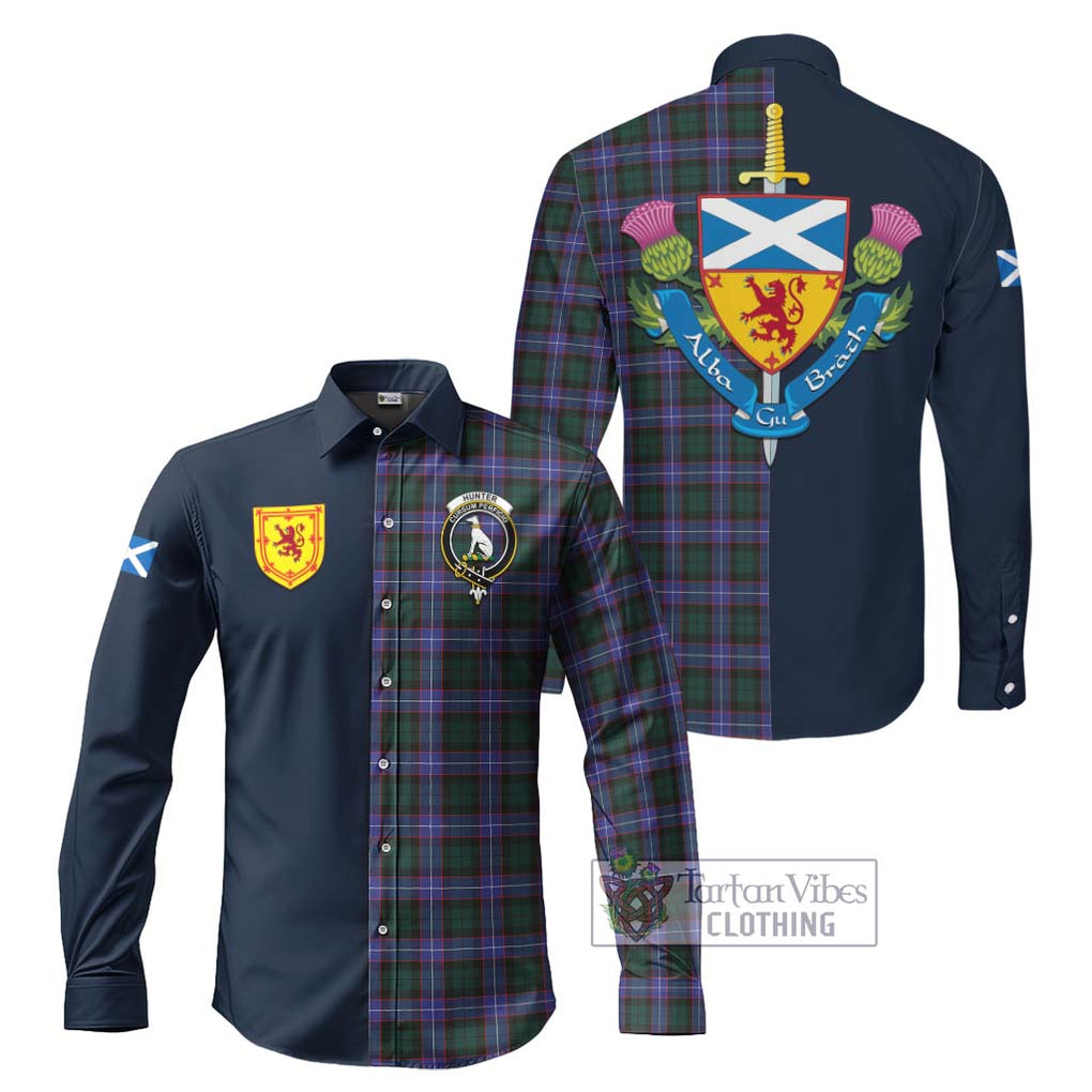 Tartan Vibes Clothing Hunter Modern Tartan Long Sleeve Button Shirt with Scottish Lion Royal Arm Half Style