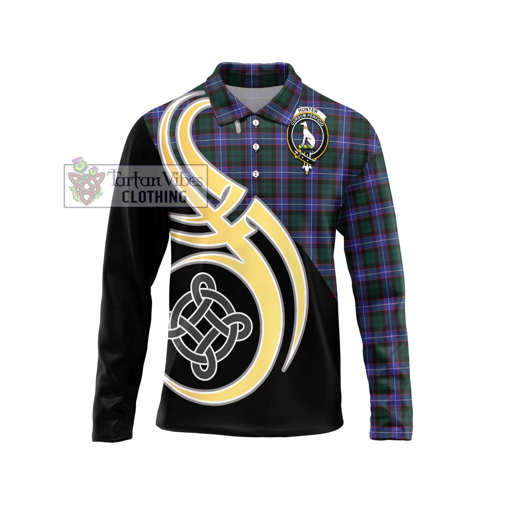 Hunter (Hunterston) Tartan Long Sleeve Polo Shirt with Family Crest and Celtic Symbol Style Unisex - Tartan Vibes Clothing