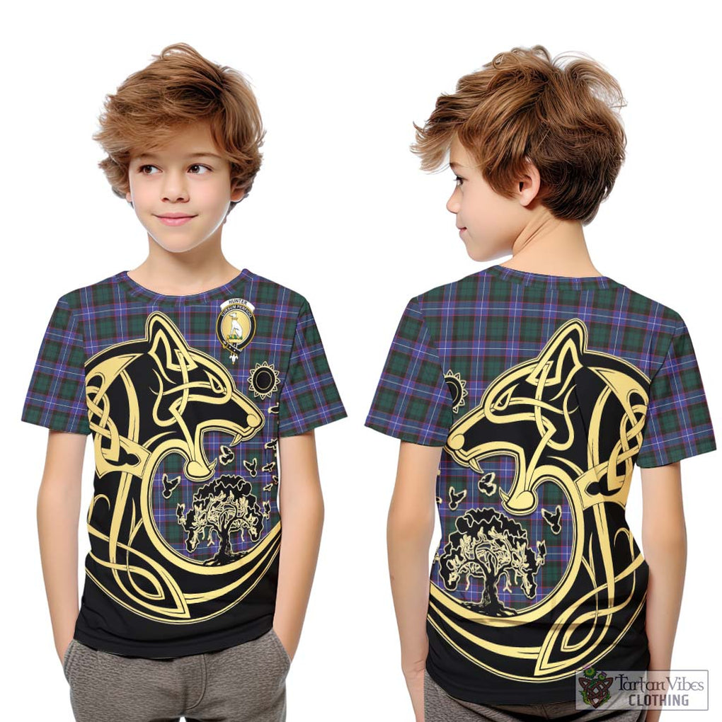 Hunter (Hunterston) Tartan Kid T-Shirt with Family Crest Celtic Wolf Style Youth XL Size14 - Tartan Vibes Clothing