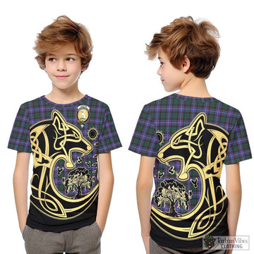 Hunter (Hunterston) Tartan Kid T-Shirt with Family Crest Celtic Wolf Style