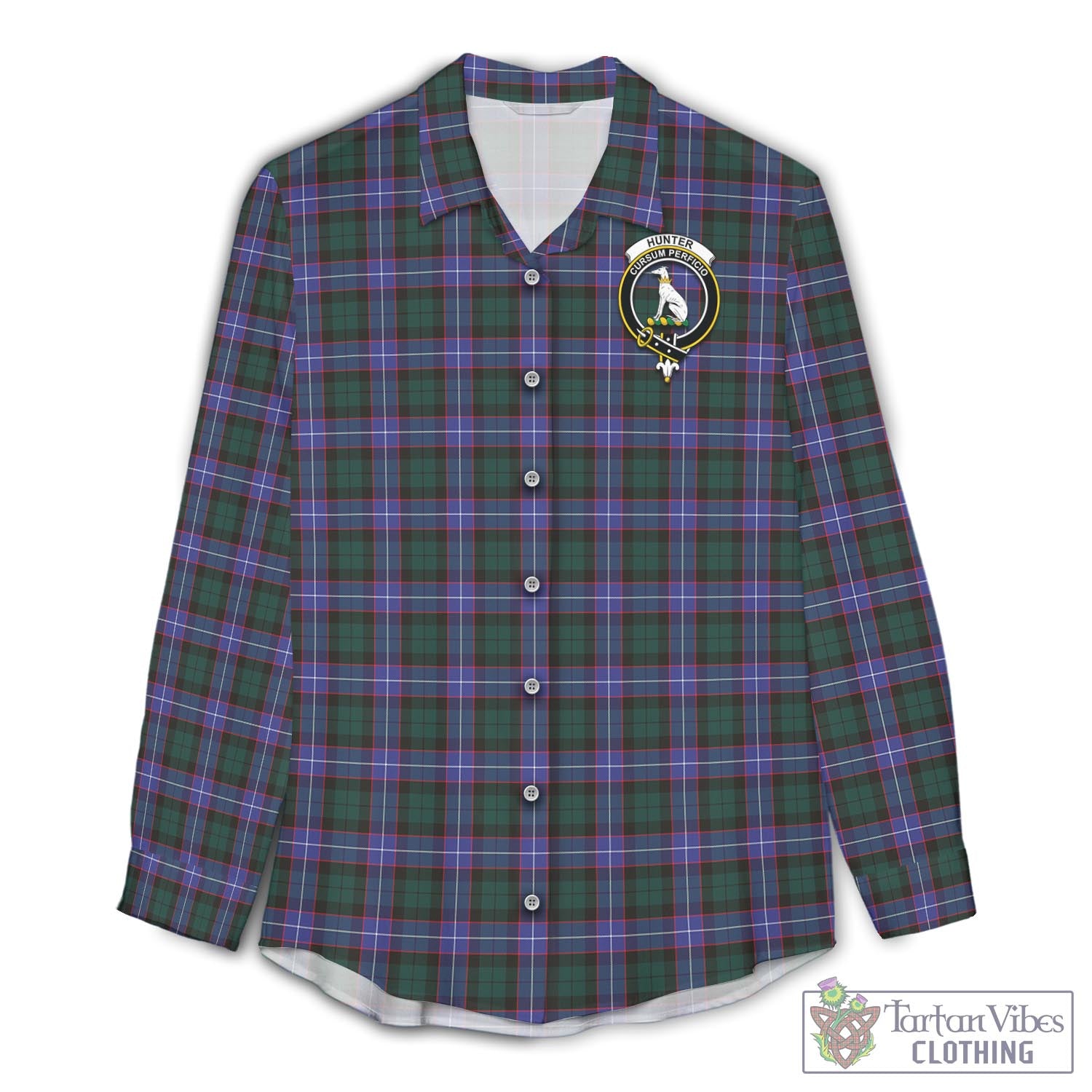 Tartan Vibes Clothing Hunter Modern Tartan Womens Casual Shirt with Family Crest