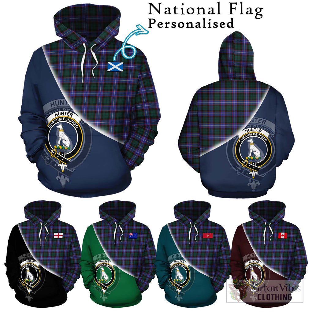 Hunter (Hunterston) Tartan Hoodie with Personalised National Flag and Family Crest Half Style Zip Hoodie - Tartanvibesclothing Shop